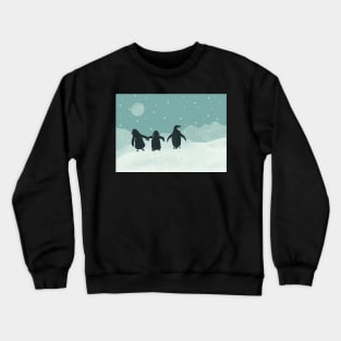 Penguin family walking in the moonlit snow Crewneck Sweatshirt